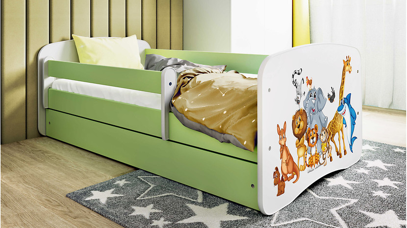 Łóżko Babydreams 140x70zwierzęta z szufladą zielone