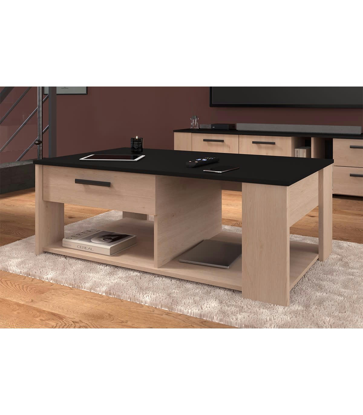 HELMA - Table basse 1 tiroir effet bois - L110 x H42 cm