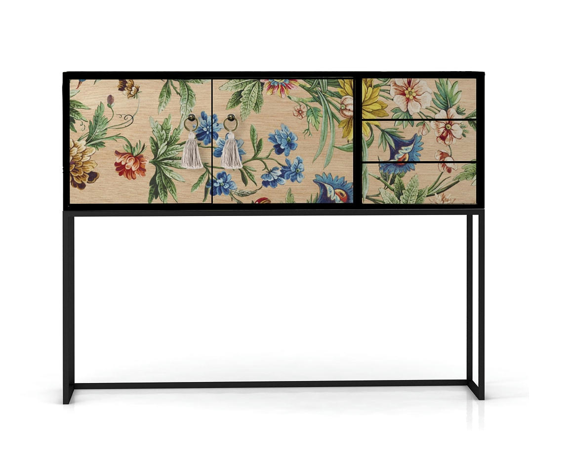 AMAZONIA - Console MDF laqué 2 portes 3 tiroirs imprimé floral