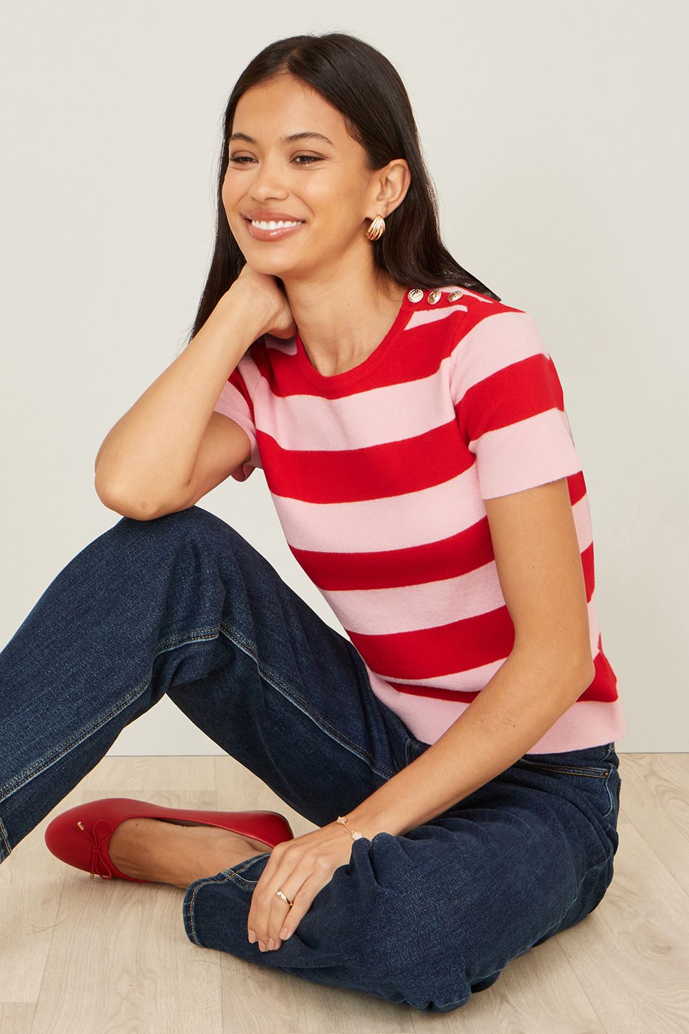 Yumi Red And Pink Block Stripe Knitted Top With Button Details