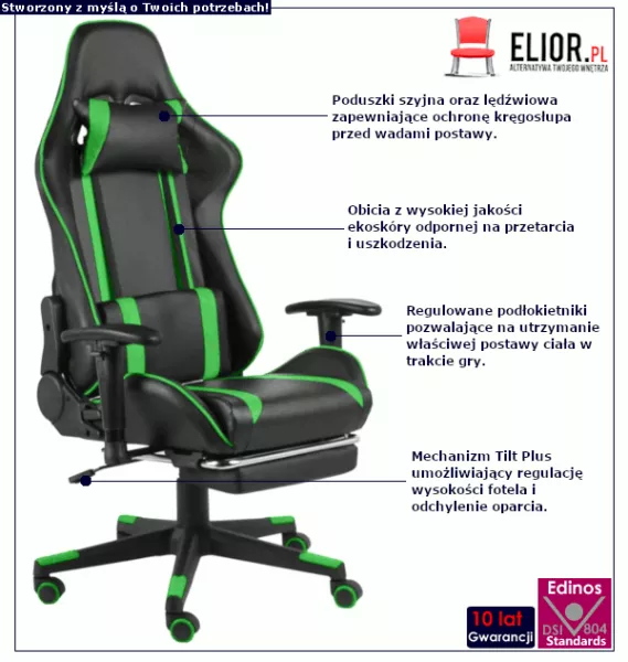 Czarno-zielony fotel do gier z podnóżkiem - Epic Egra