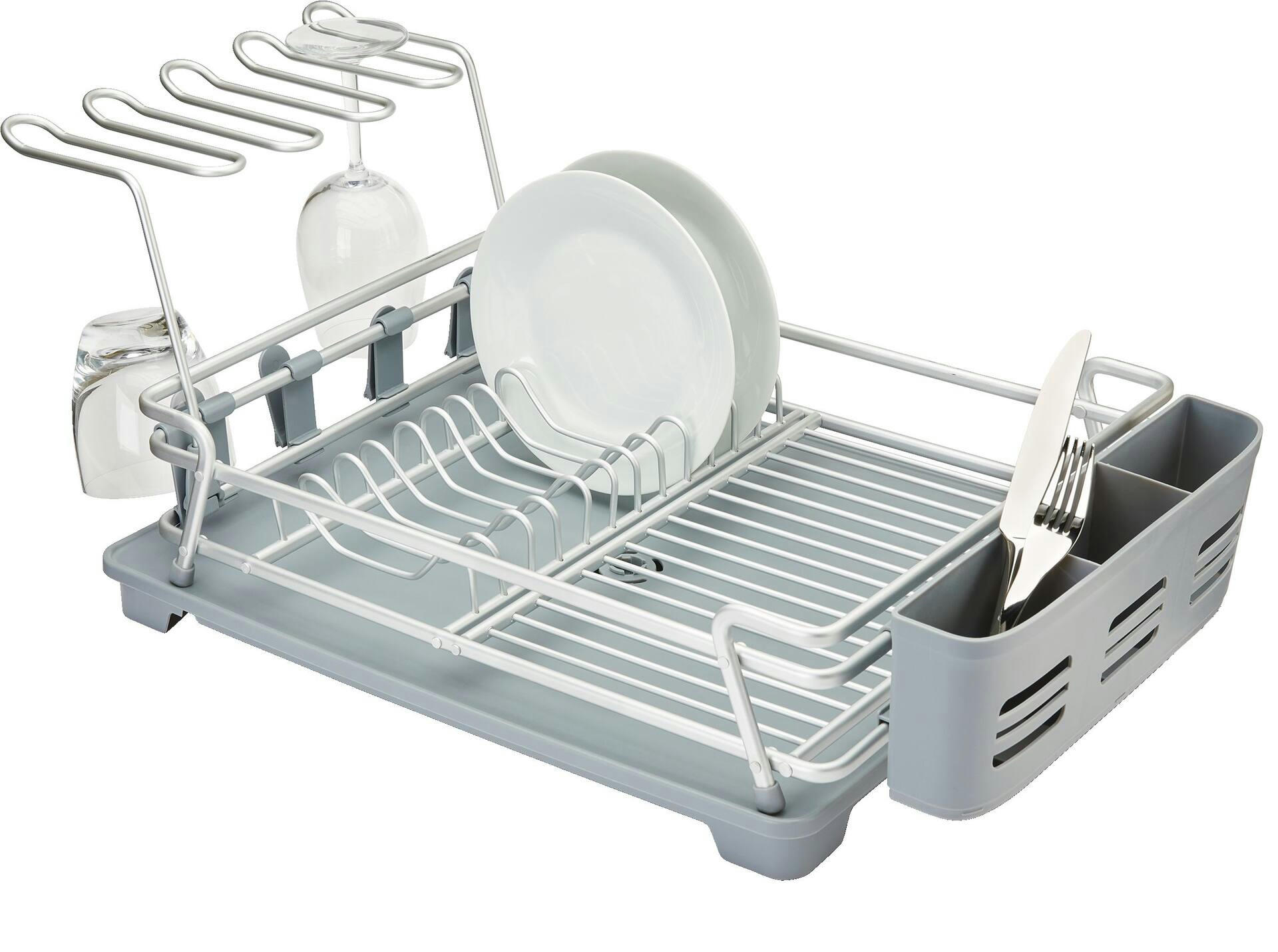 Type A Forte Aluminum Dish Drying Rack with Cutlery Holder & Drainboard, Grey, 6 x 9-in