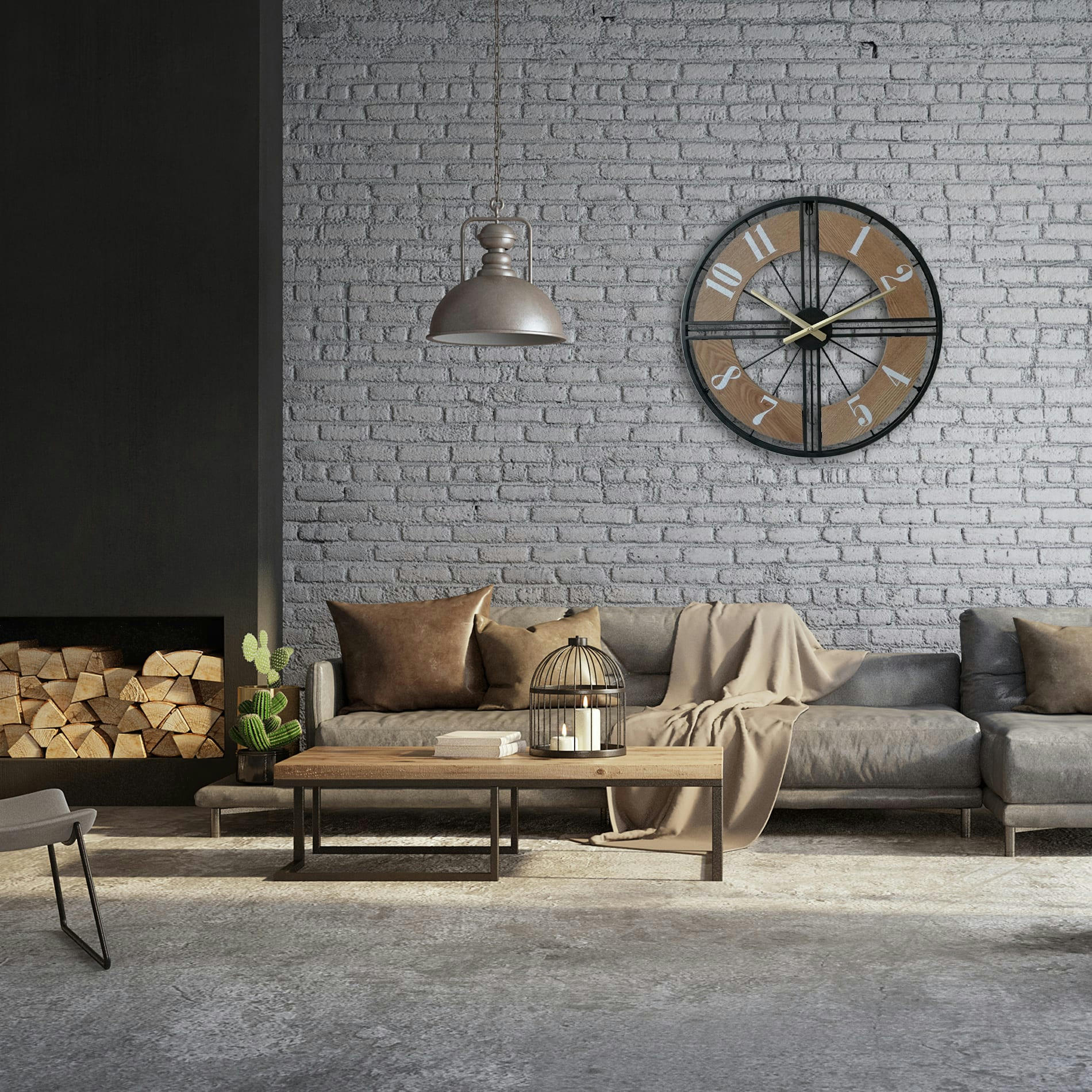 - Horloge murale décorative en MDF et métal brune noire Ø 50 cm