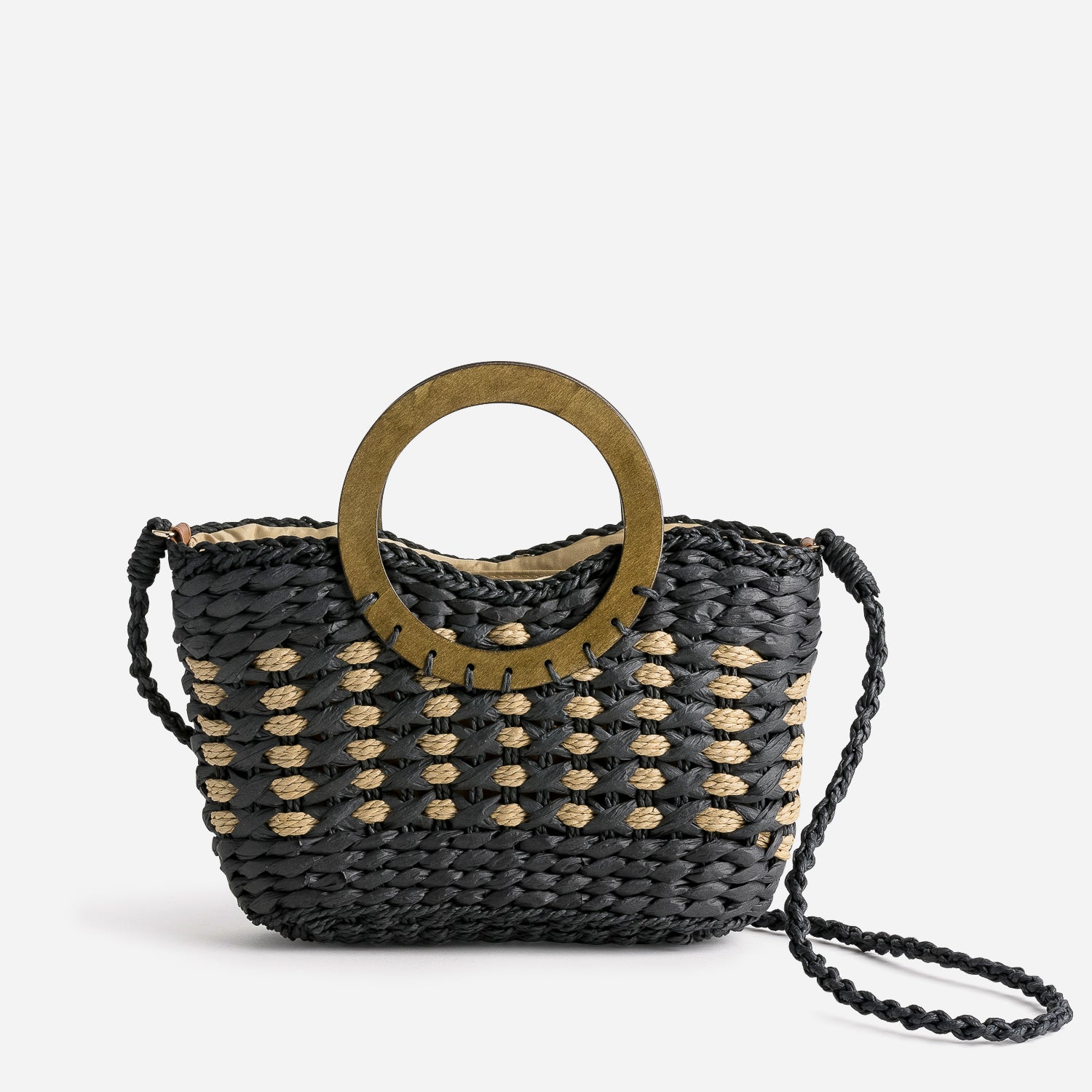Panier TEXTO noir paille papier anse effet bois