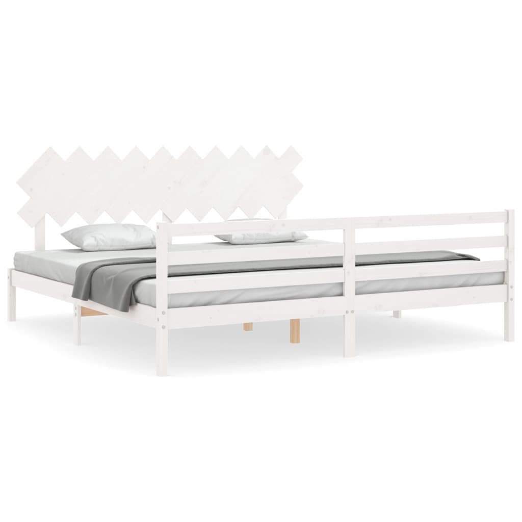 Rama łóżka z wezgłowiem biała 200x200 cm lite drewno