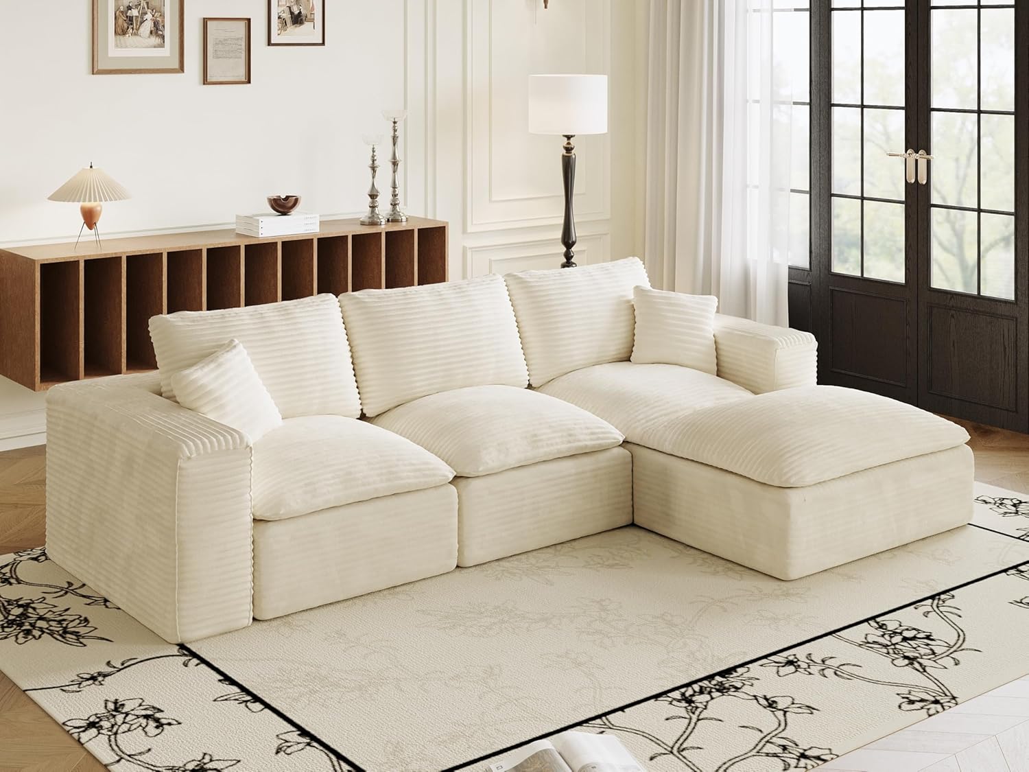 108 Plush Corduroy L Shaped Sectional Cloud Sofa Couch with Ottoman, Soft Deep Seat Modular Sectional Couches for Living Room,No Assembly. Beige