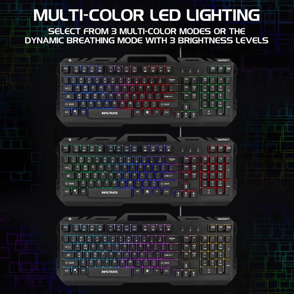 ENHANCE Infiltrate KL2 Quiet Gaming Keyboard with Membrane Switches and Multi Colour LED Lighting