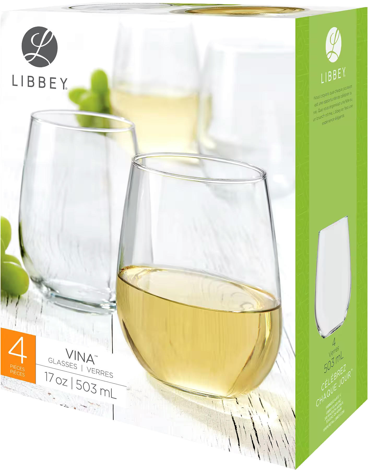 Libbey 4pc Stemless White Wine Glasses, Dishwasher Safe, 17-oz