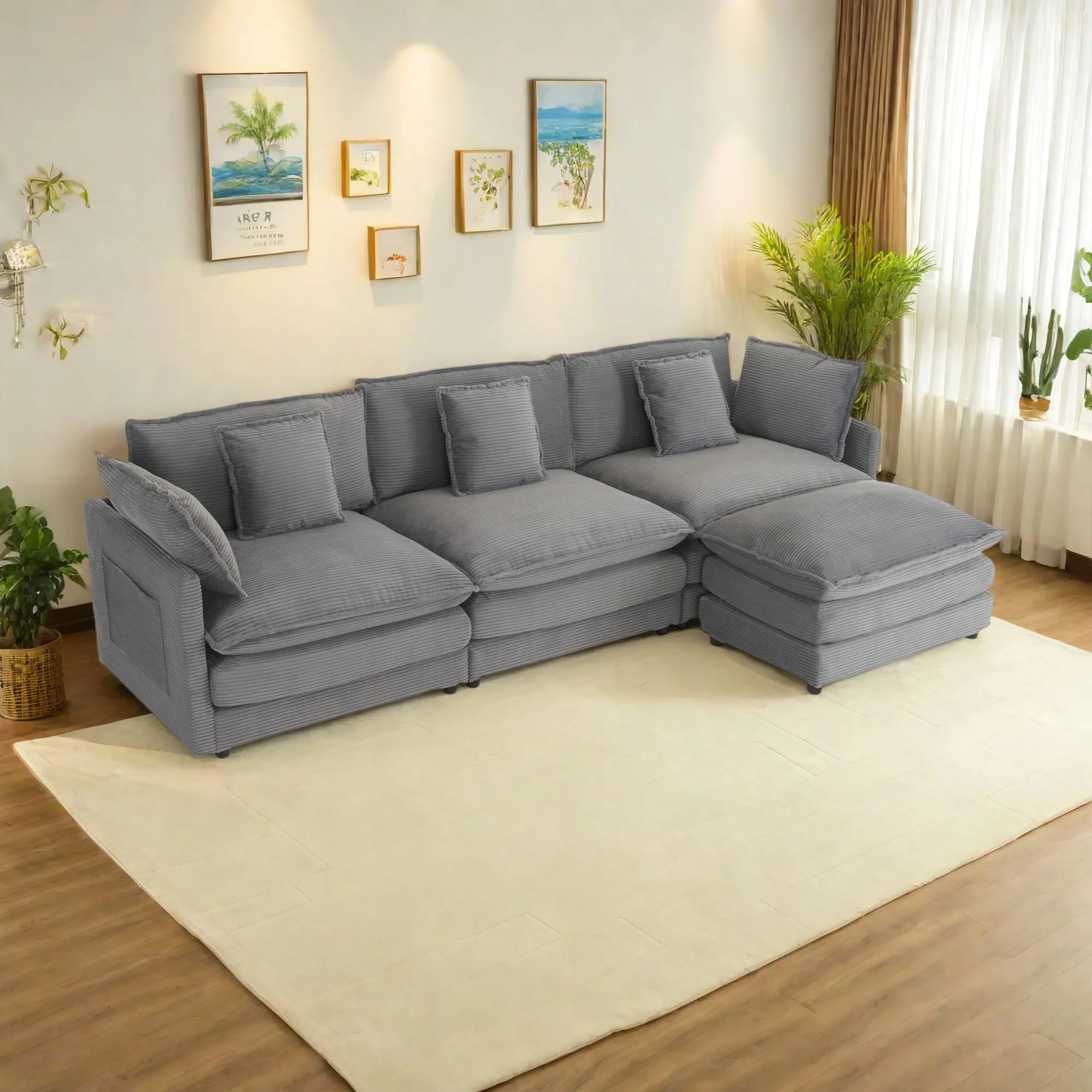 112.6 Corduroy Upholstered L-Shaped Modular Sectional Sofa with Side Storage Pockets