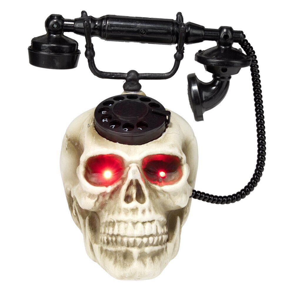 Téléphone tête de mort Halloween LED détecteur mouvement son et lumière 19x22xH25cm