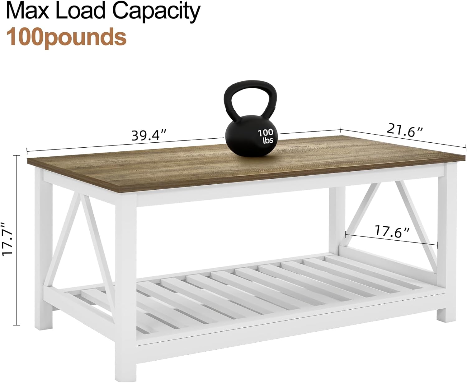 Farmhouse Coffee Table for Living Room, 2-Tier Rectangular Wooden Centre Cocktail Table with Slats Shelf Storage and V-Shaped Frame (Walnut Top)