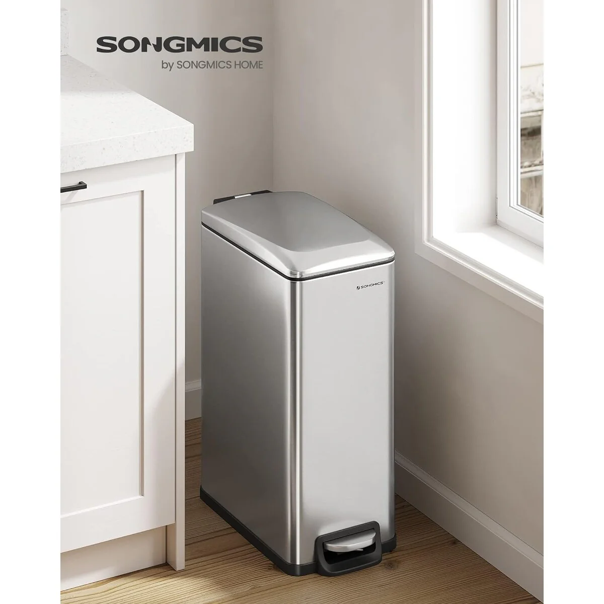 SONGMICS 12.7 Gallon Garbage Can for Narrow Spaces, Silver