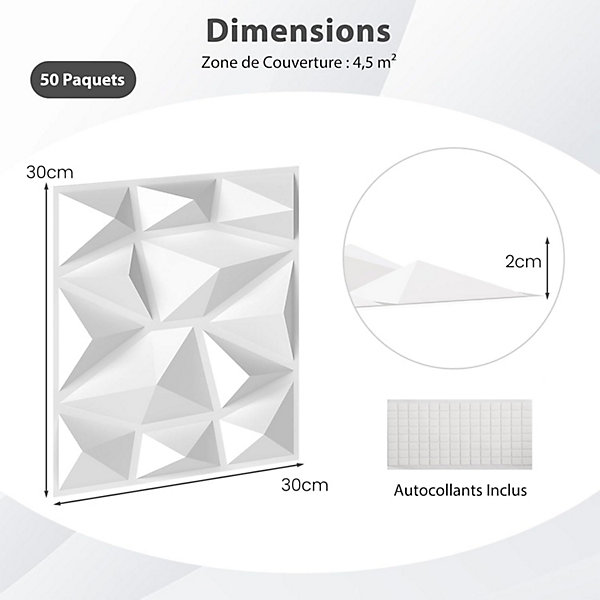 Lot de 50/100 Panneau Mural Decoratif en Diamant, Panneaux Muraux 3D en PVC, Imperméable &Résistant à Chaleur
