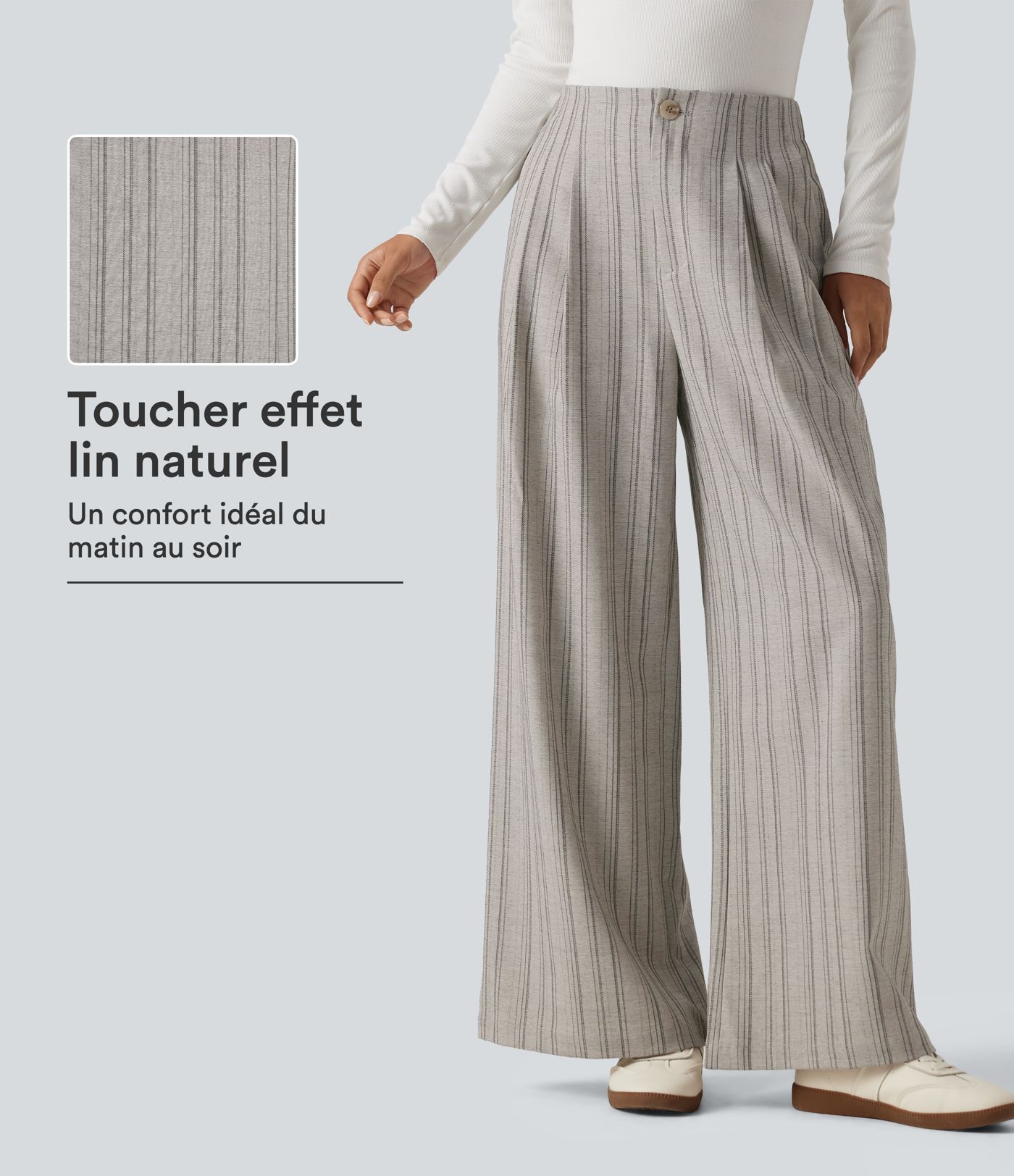Pantalon effet lin rayé taille haute baggy avec poches
