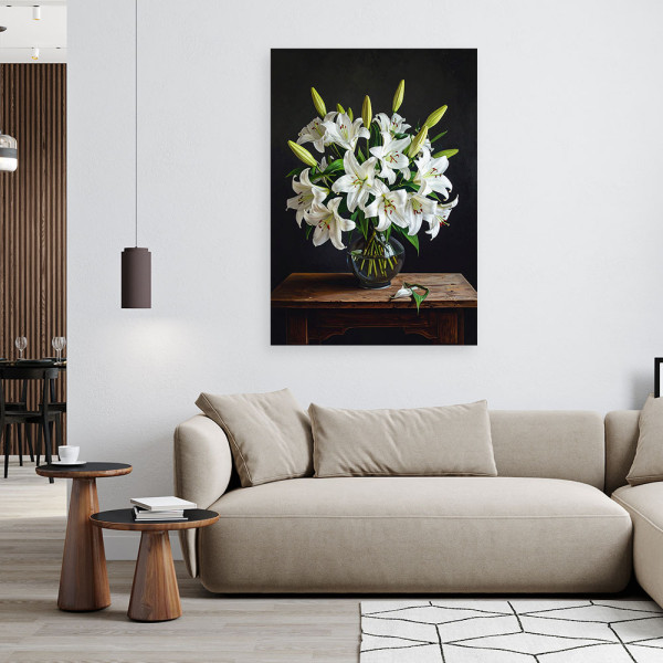 Obraz do salonu sypialni biura, Białe lilie kwiaty 20x30