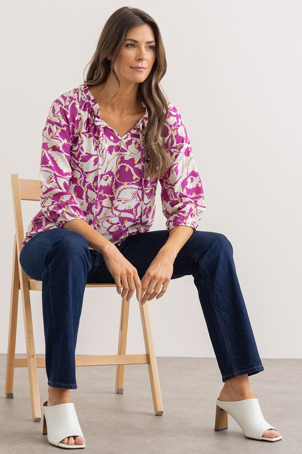 Klass. Floral And Foil Printed Tie Neck Top
