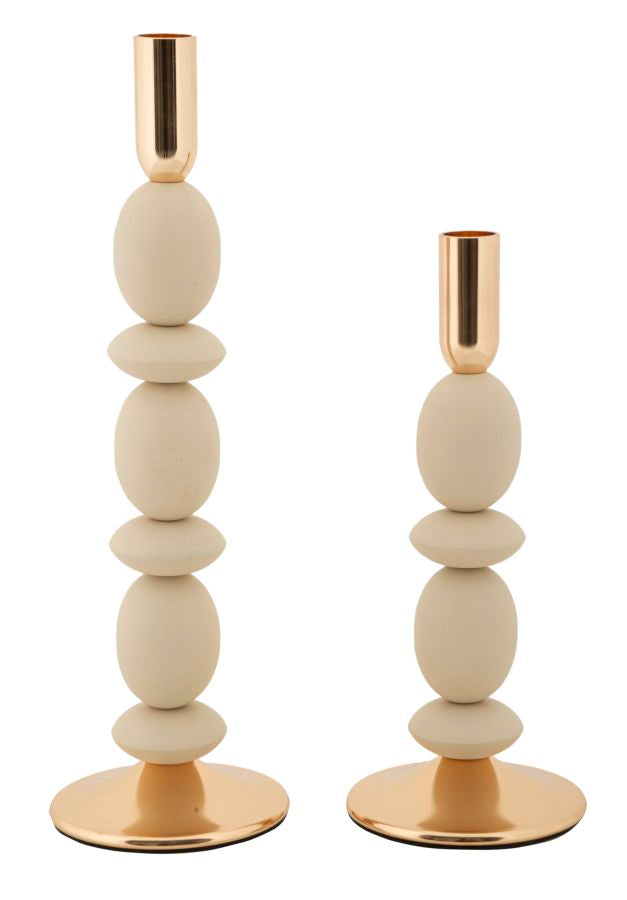 Set van 2 crèmekleurige en gouden metalen kaarsenhouders