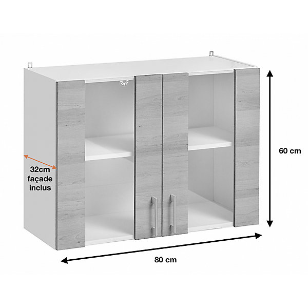 Cuisineandcie - Meuble haut de cuisine Eco Noyer Blanchi 2 portes vitrées L 80 cm