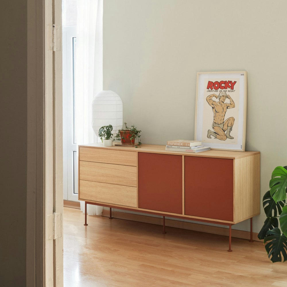 YOKO - Buffet 2 portes 3 tiroirs en bois L180cm rouge brique