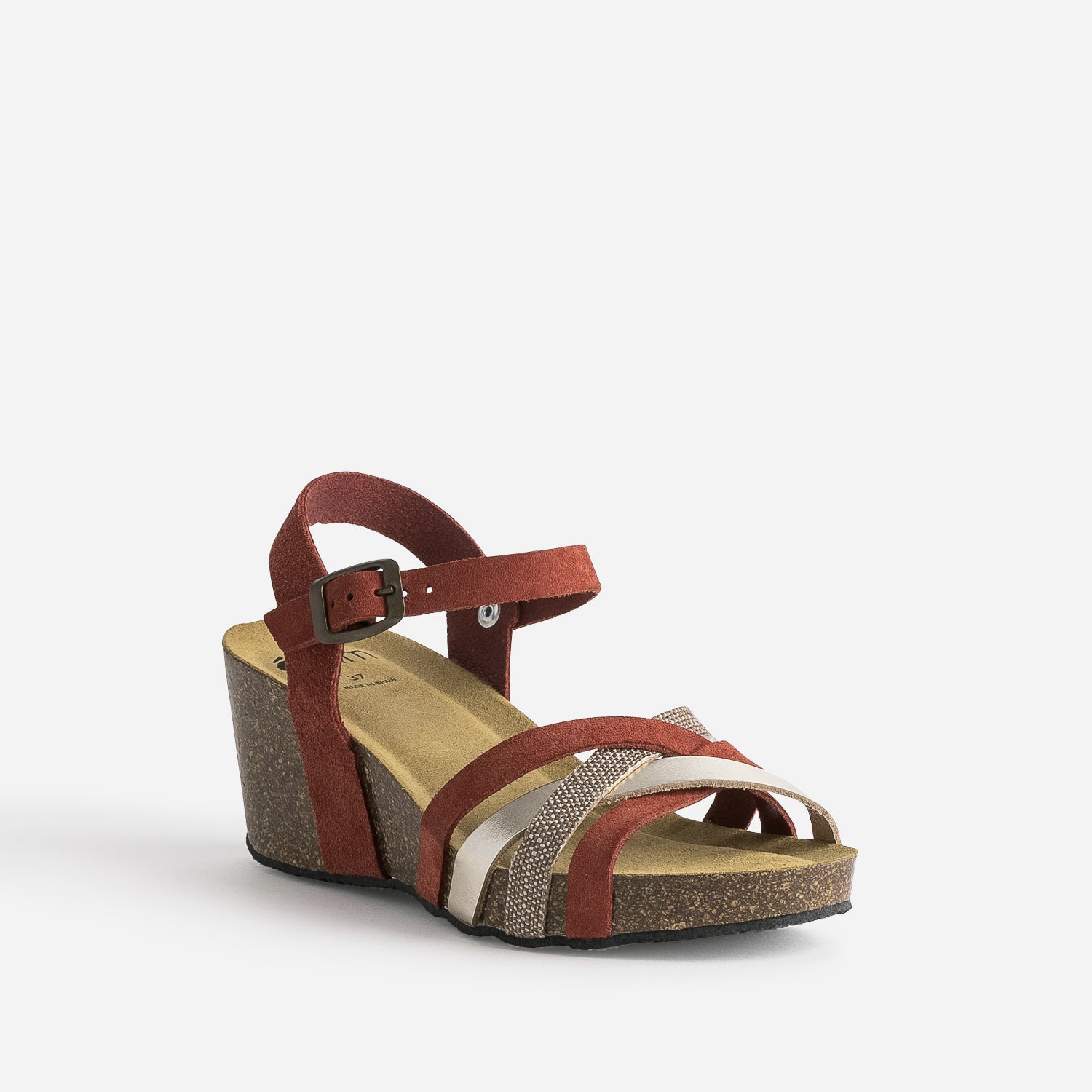 Sandale compensée anatomique rouge cuir velours éco-conçu