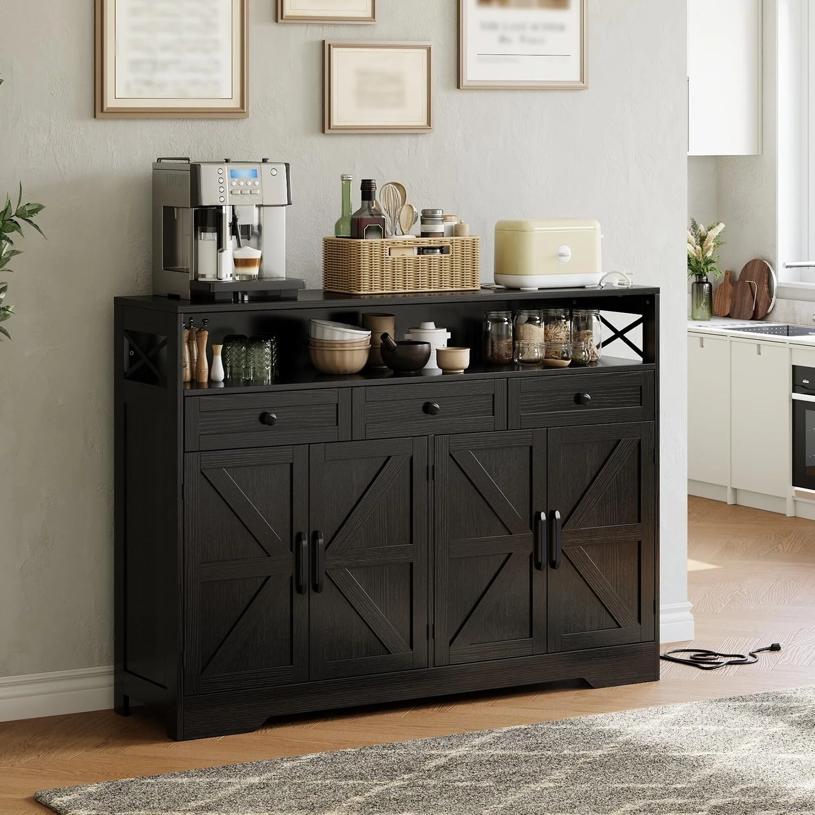 51 Modern Farmhouse Sideboard Buffet Cabinet with Storage, Wood Buffet Storage Cabinet with Charging Station