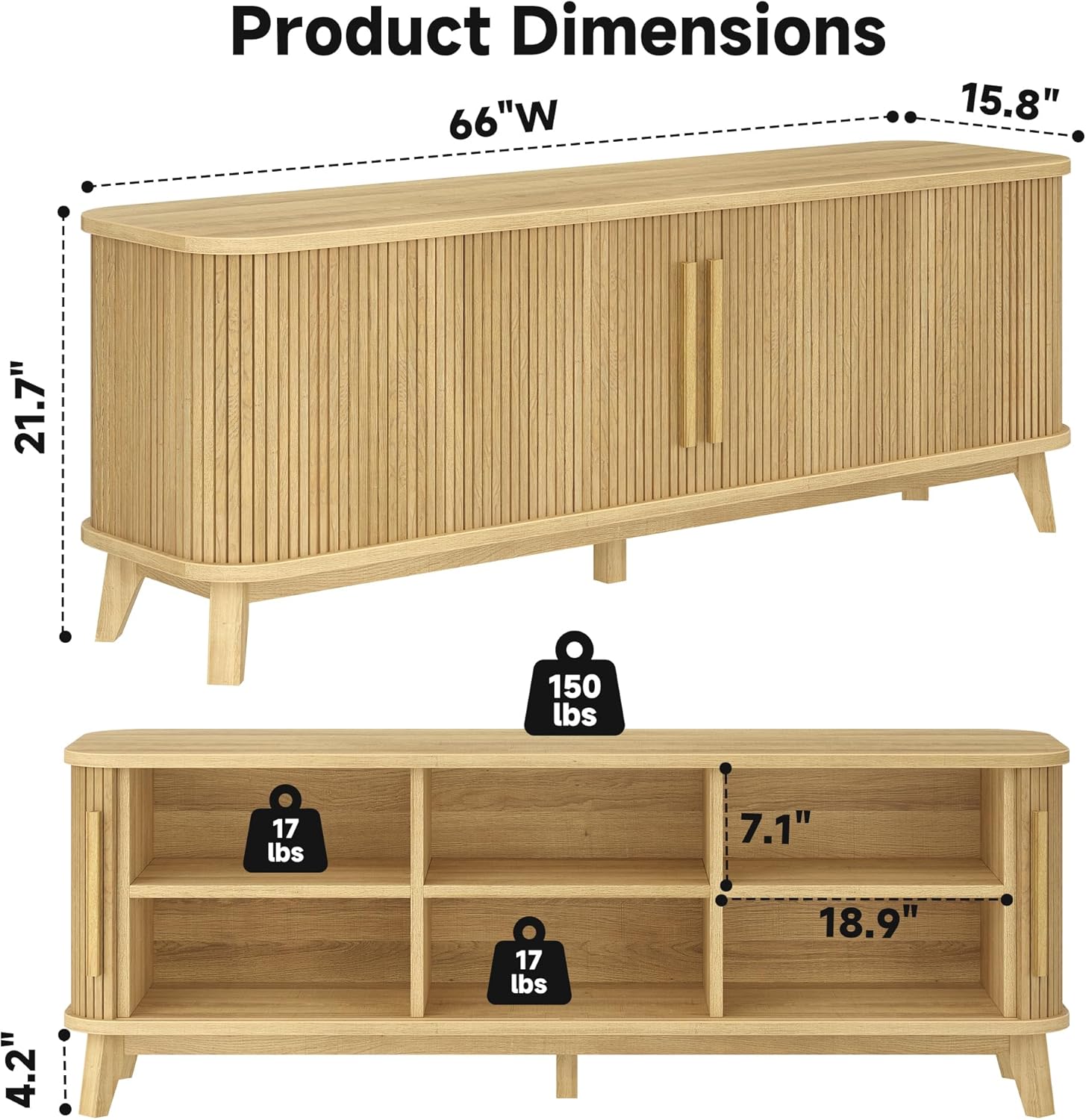 66 TV Stand for TVs up to 80, Mid-Century Modern Entertainment Center, TV Console with Storage Cabinet and Adjustable Shelves, Wood Curved Media Console with Sliding Door for Living Room,Natural Oak