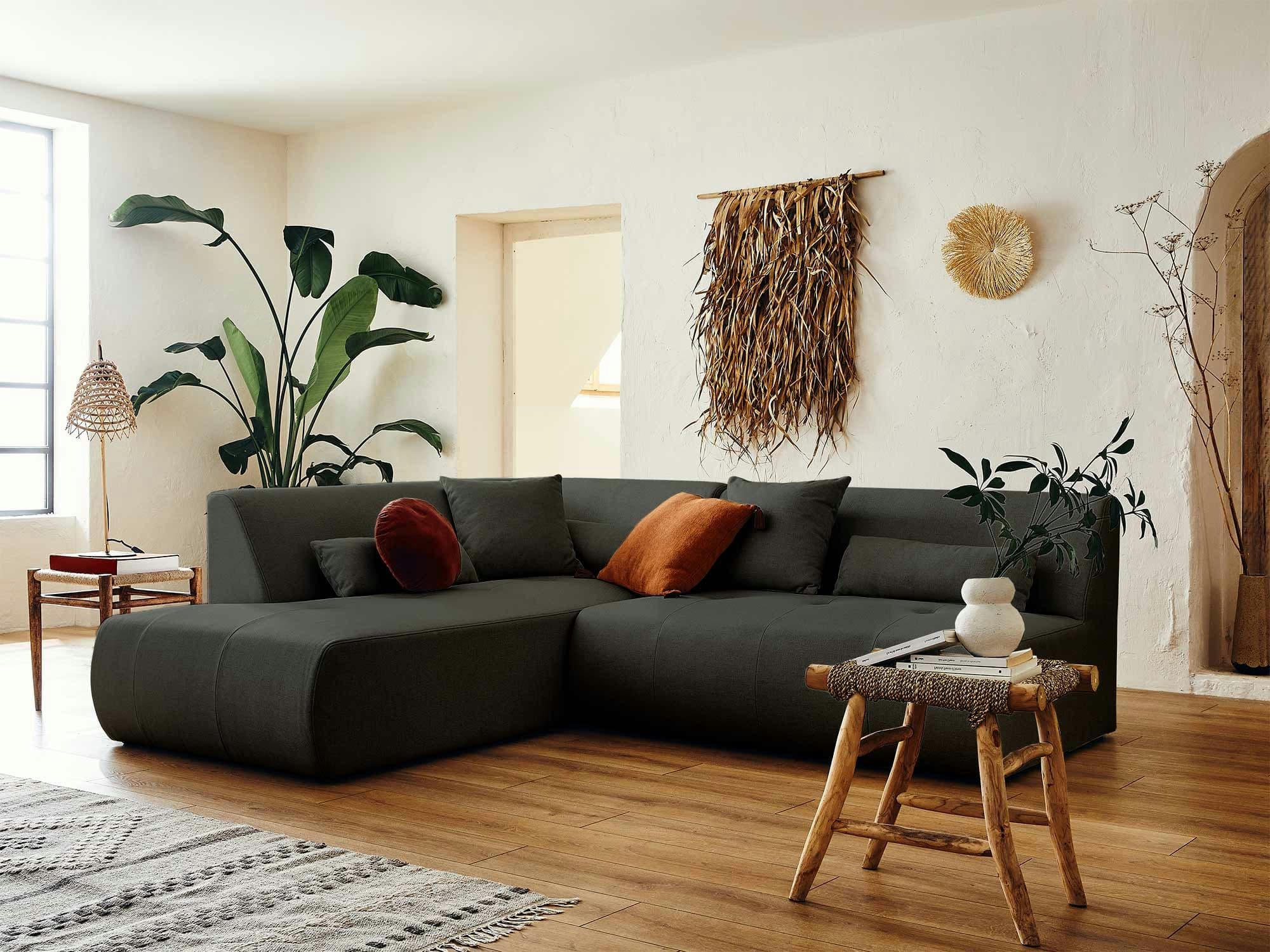 ONYX - Canapé modulable 5 places angle gauche en tissu gris foncé