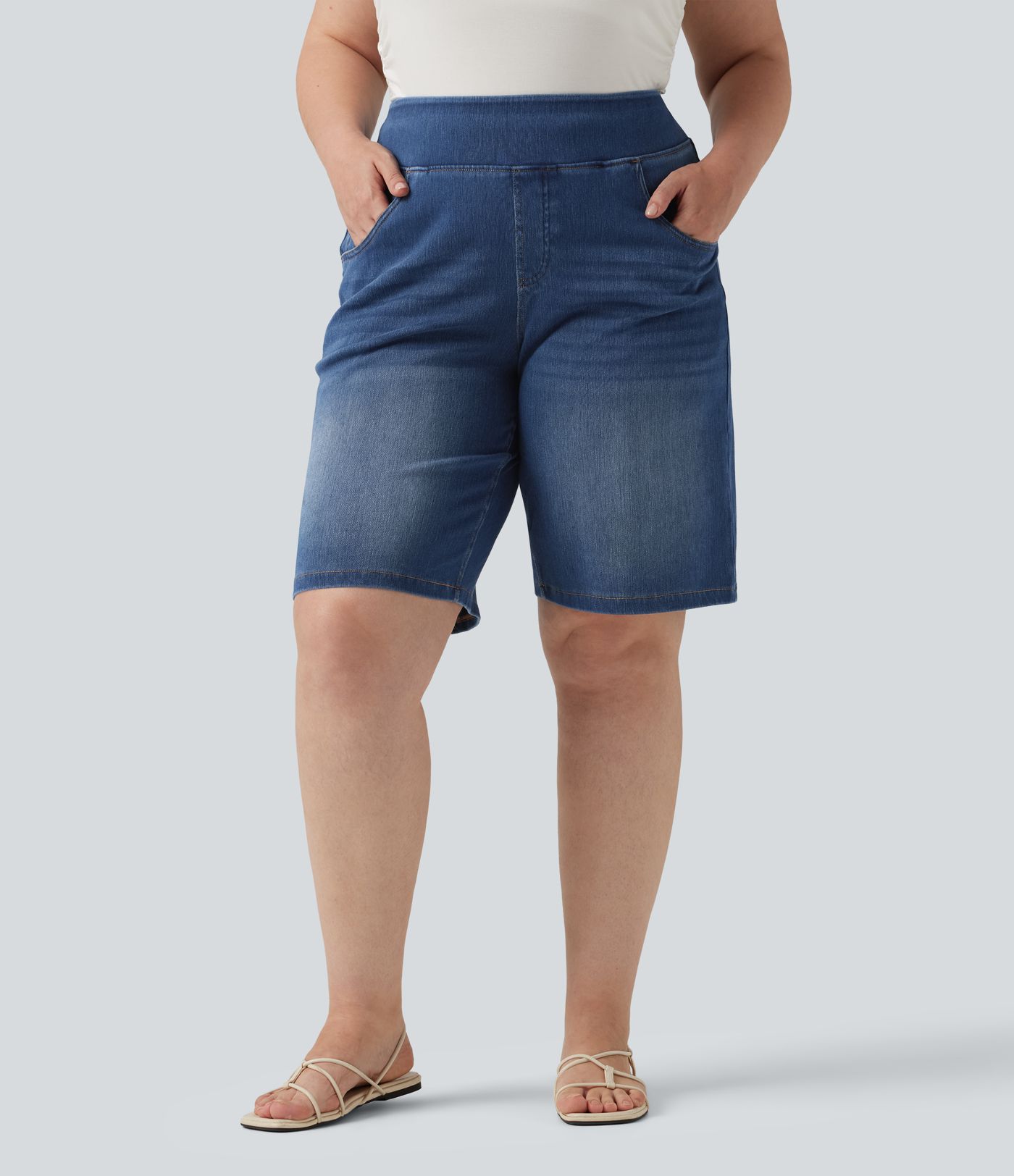 Bermuda 23 cm en jean grande taille Halara Flex™ taille haute avec poches