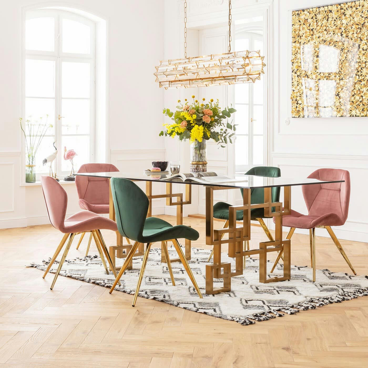 BOULEVARD - Table à manger 8/10 personnes en verre et acier doré L200