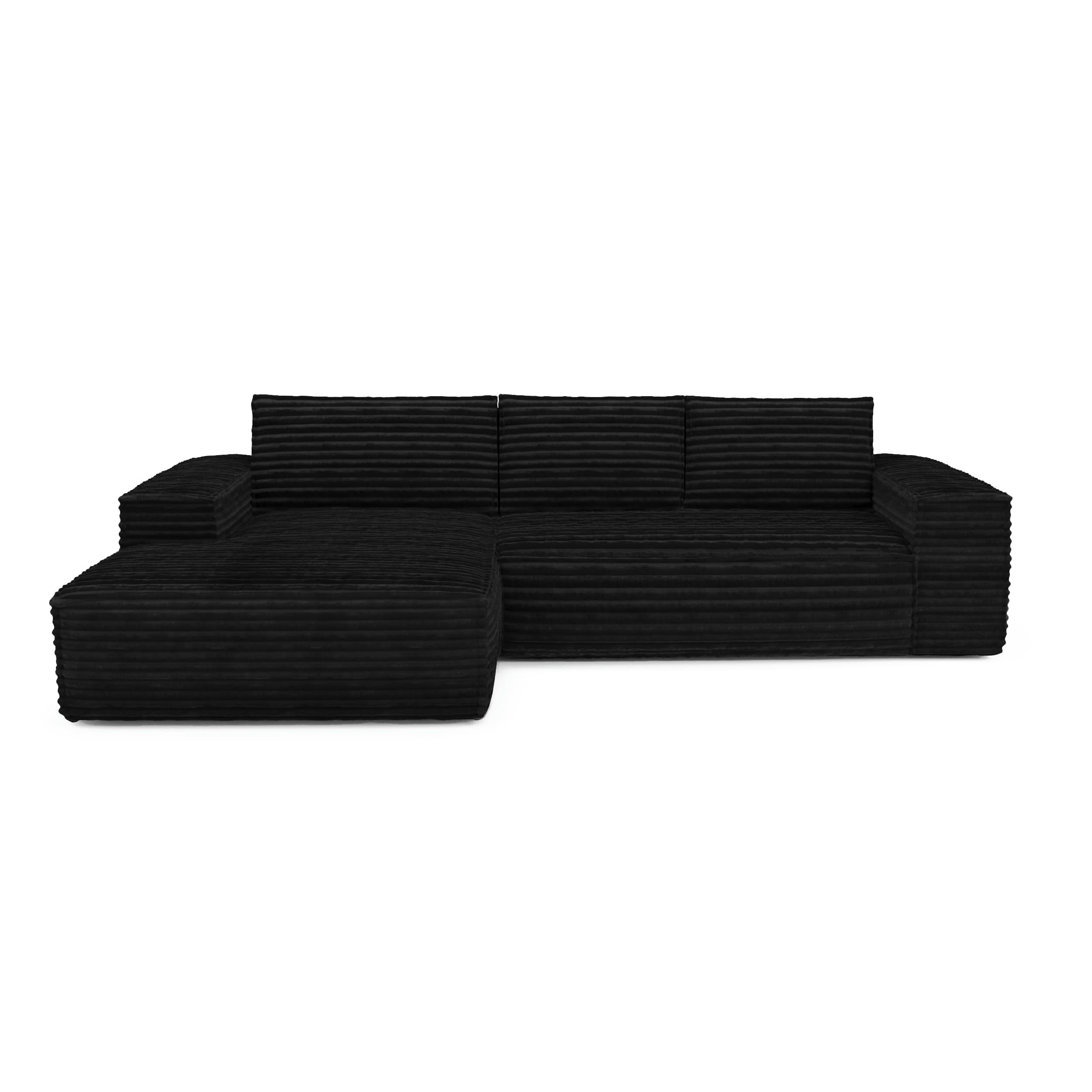 JOAN - Canapé convertible angle gauche velours côtelé XXL noir 140cm