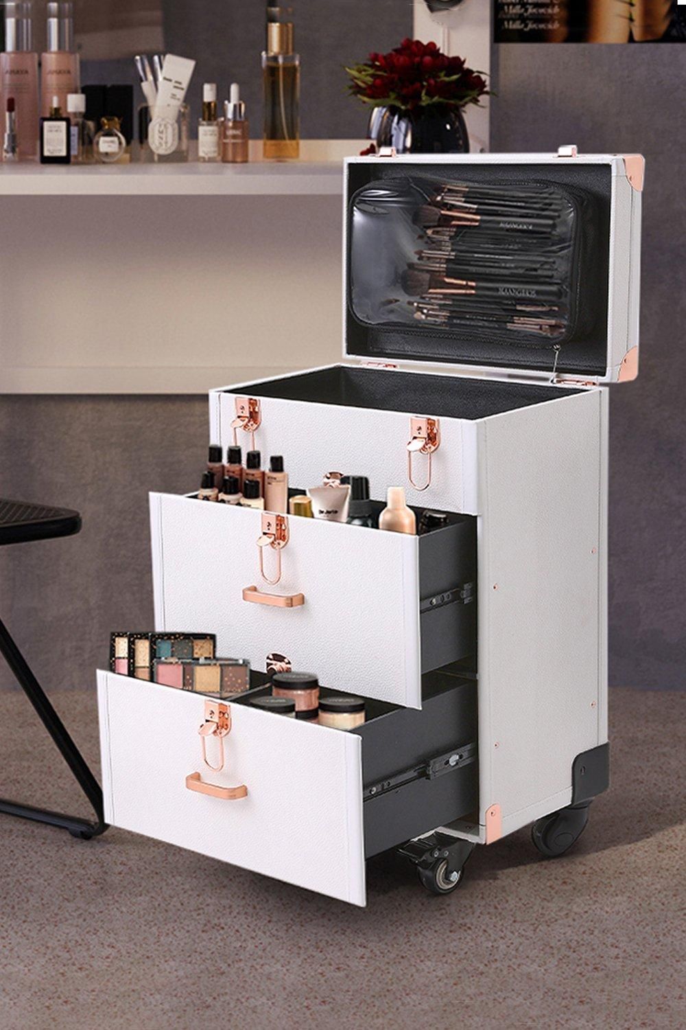 H&O Direct Large Trolley Makeup Case On Wheels Make Up Beauty Case Vanity with Lockable Key