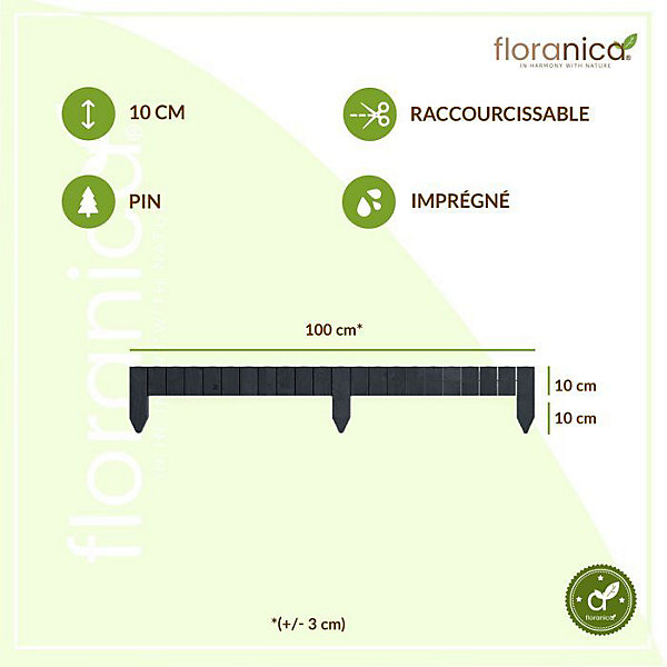 Floranica Bordure flexible de parterre Imprégnée 100 x 10 cm Anthracite (raccourcissable) Clôture en bois en pin Palissade