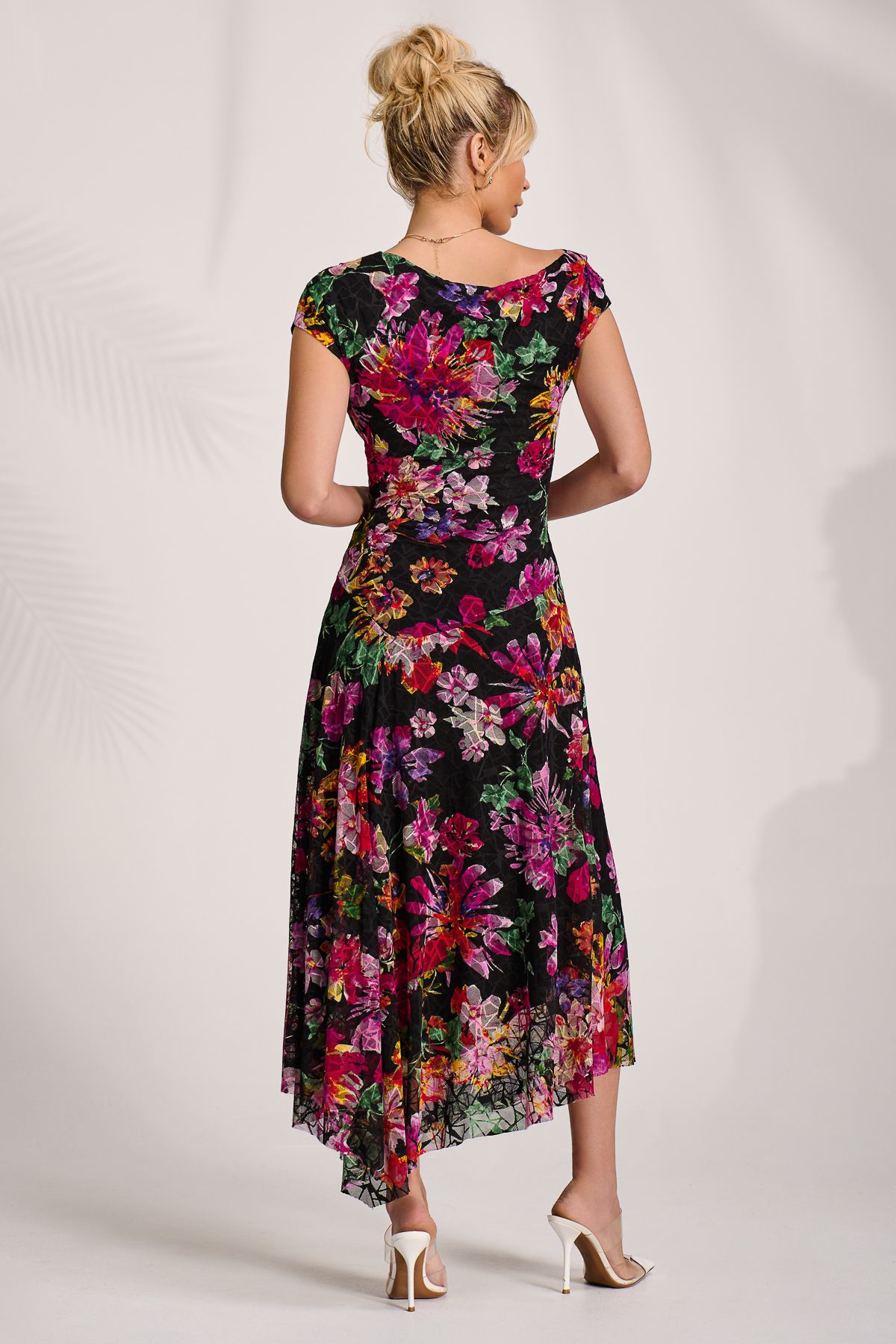 Jolie Moi Asymmetric Draped Print Lace Maxi Dress