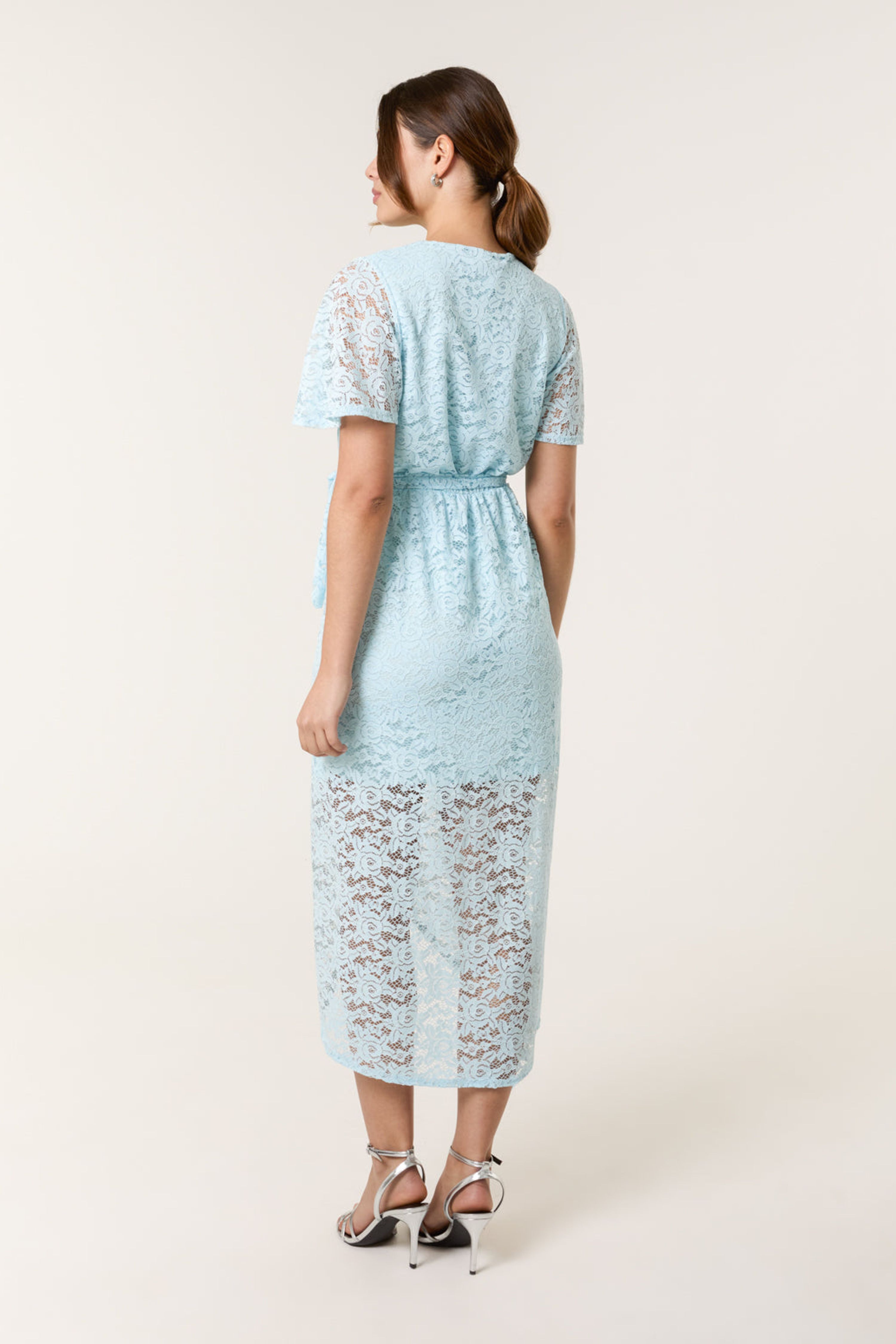 Blue Vanilla Light Blue Lace Wrap Over Midi Dress