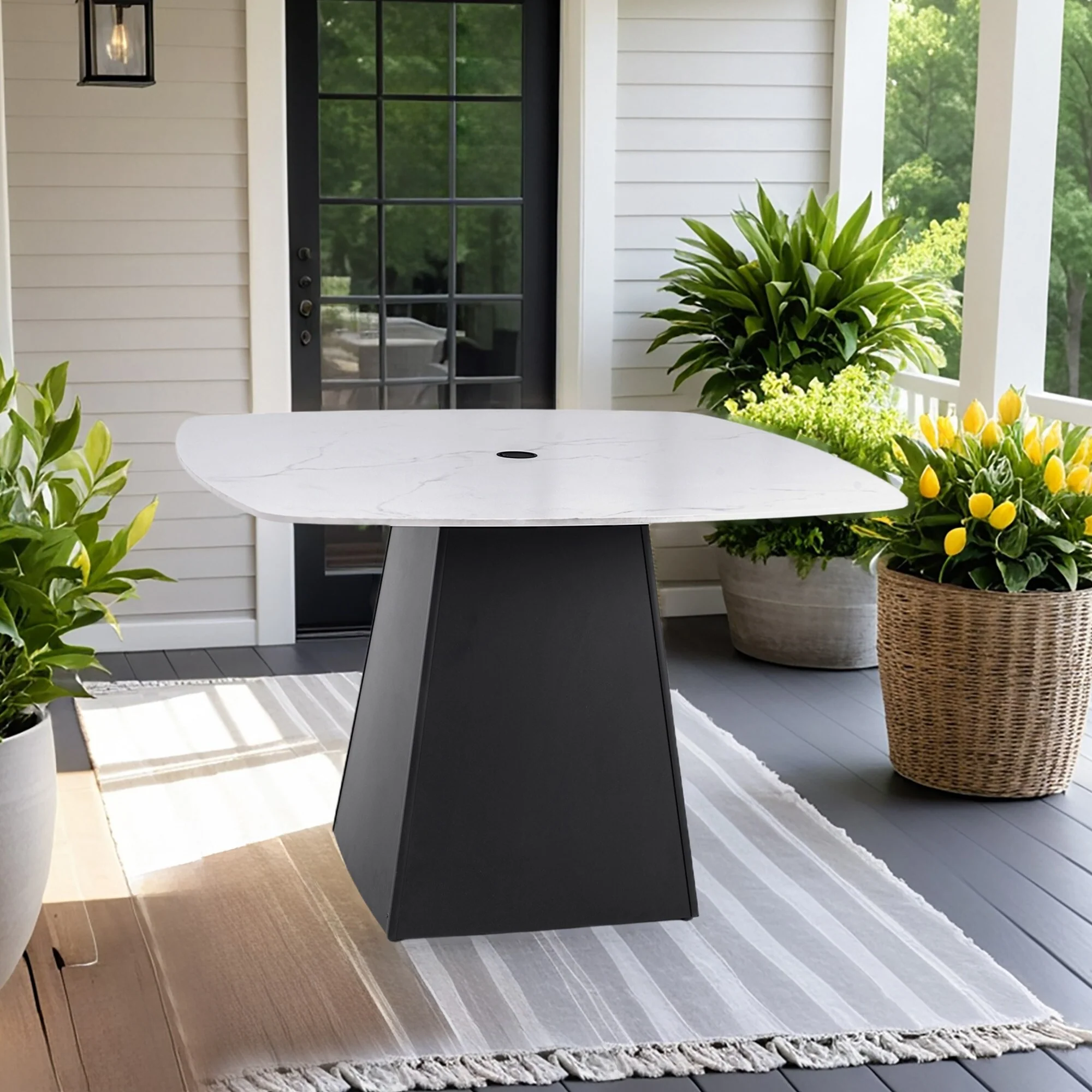 Modern Outdoor Dining Table (44×44 Squircle) – White Marble-Look Sintered Stone Top with Detachable Ember Black Aluminum Base‌