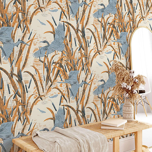 Papier peint art déco avec hérons aux couleurs anciennes - 255x260 cm (l x h)