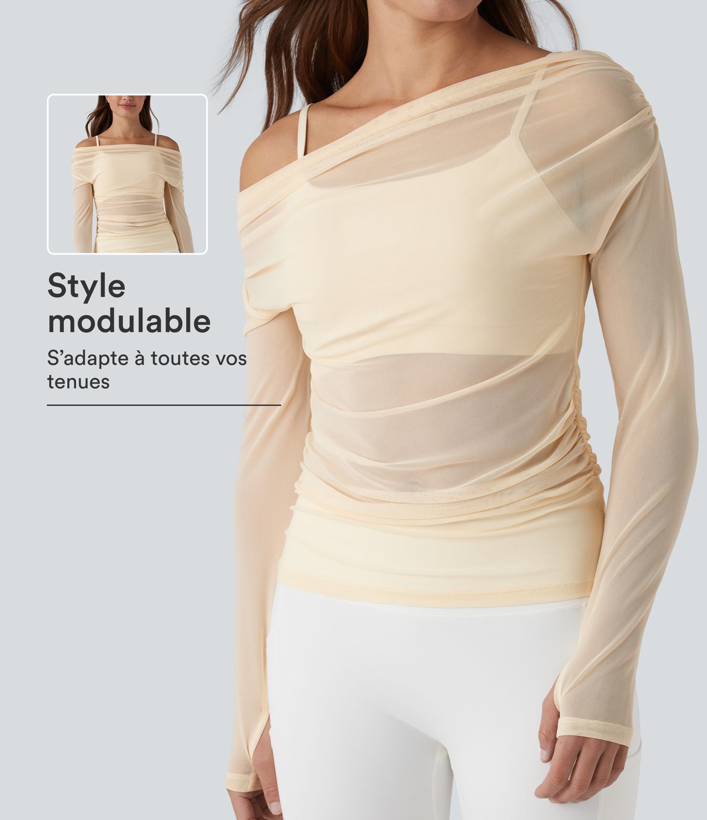 Top sport yoga 2-en-1 asymétrique une épaule manches longues mesh à fronces et trous pour les pouces