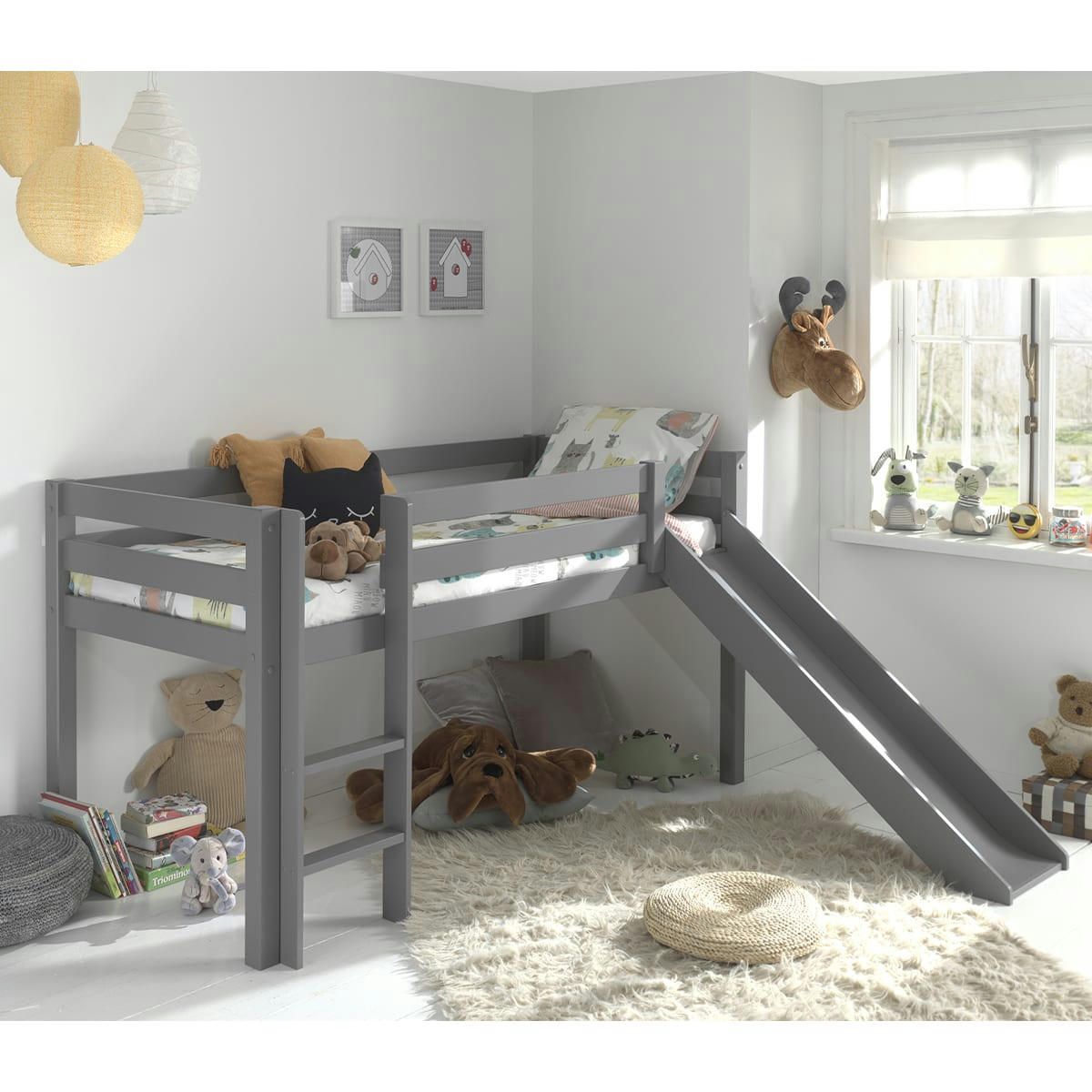 PINO - Lit mi-hauteur 90x200 toboggan sommier inclus gris