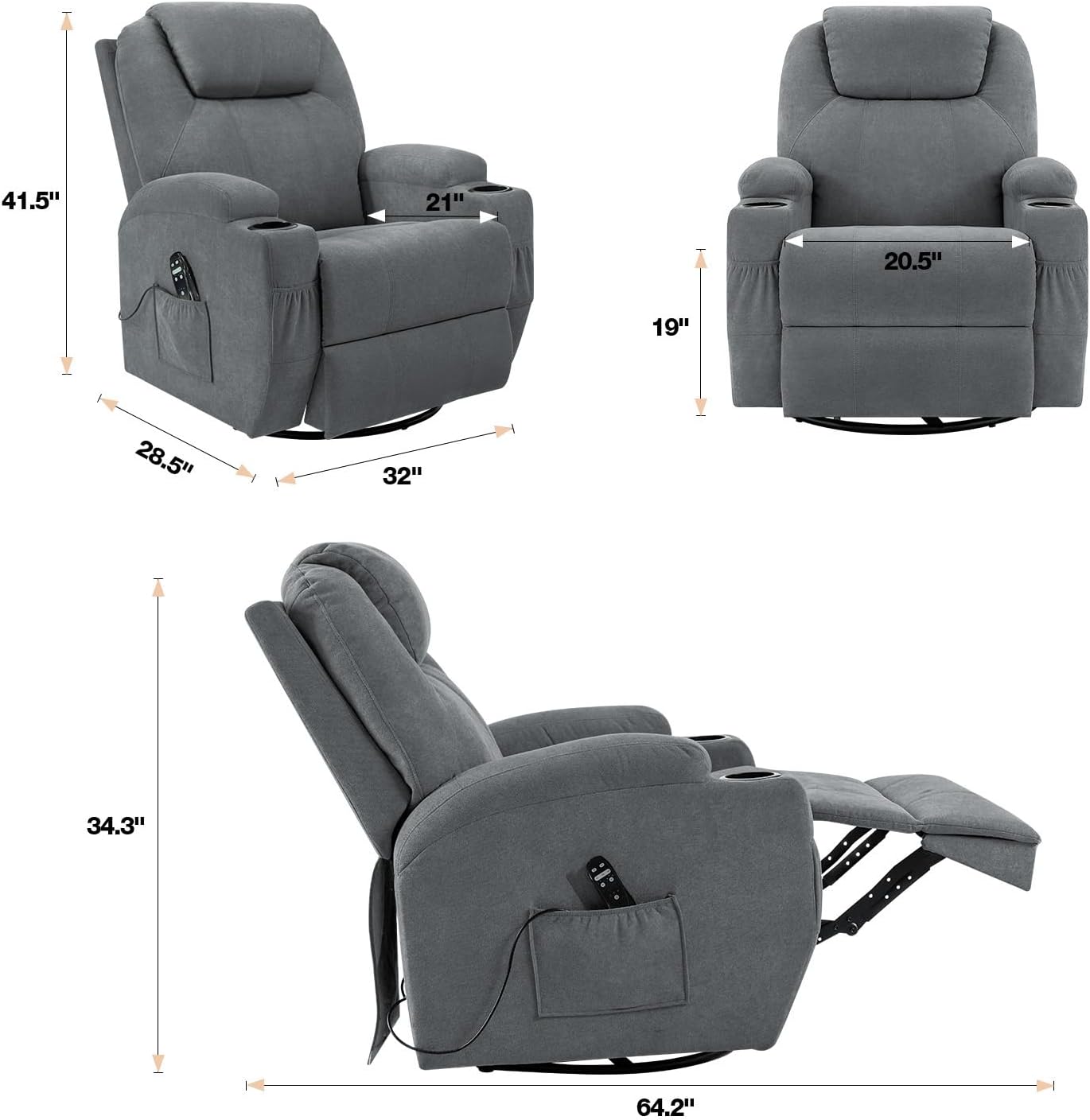 Flamaker Rocking Chair Recliner Chair with Massage Swivel Ergonomic Lounge Chair Classic Single Sofa with 2 Cup Holders Side Pockets Living Room Chair Home Theater Seat (Gray)