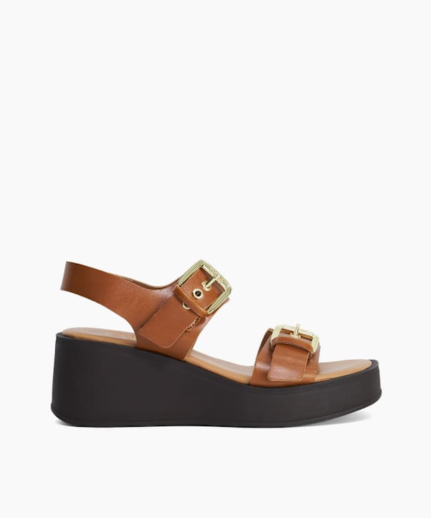 Karola Dark Tan - Wedge Double Buckle Sandals