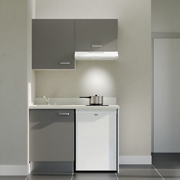 Kitchenette K01 - 120 cm - façades Gris - Plan monobloc en quartz coloris Snova évier à gauche - Electroménager Blanc