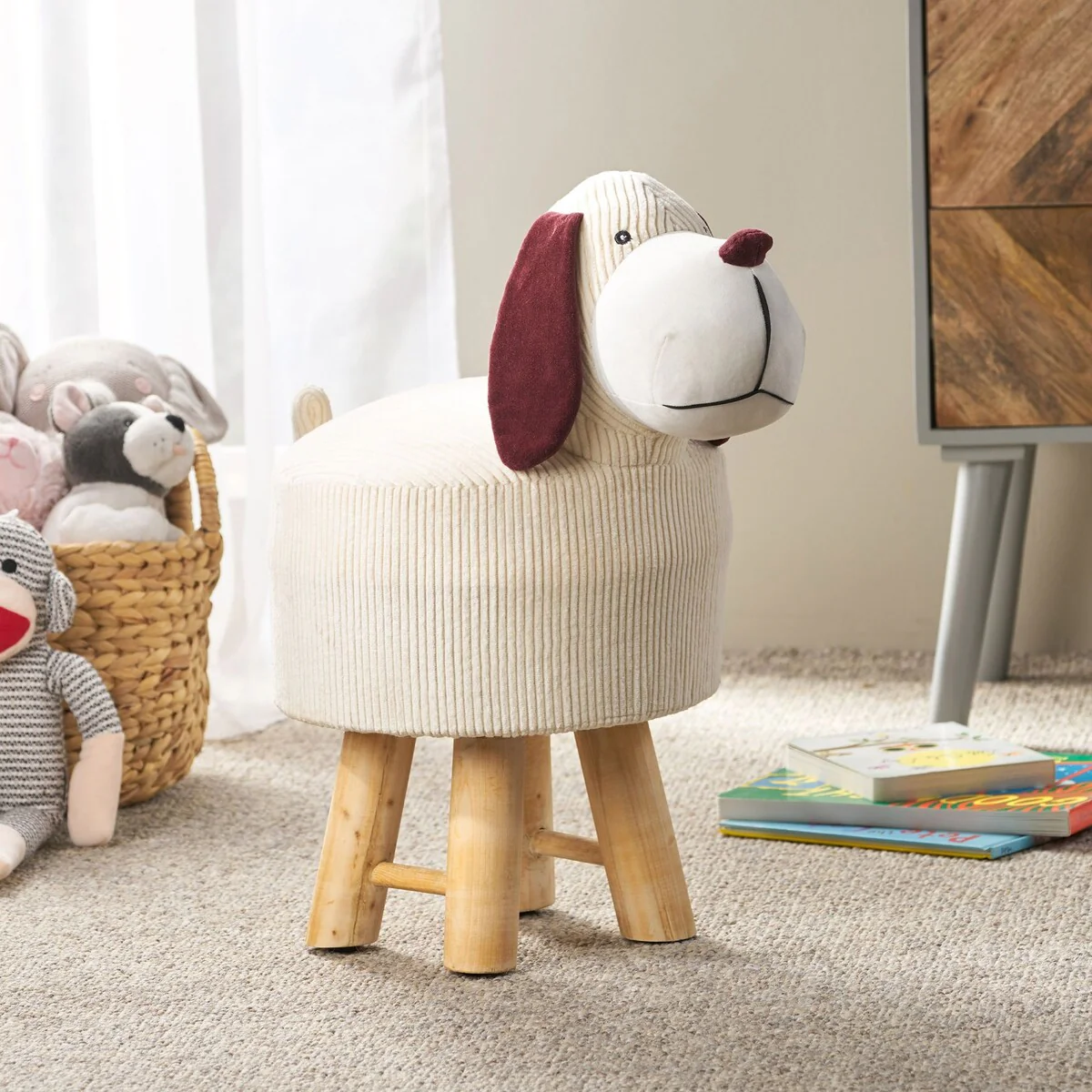 Oaks Aura Corduroy BeigeAdorable Puppy Design Ottoman, Multi-functional Design Children Seat, Comfortable Corduroy Chair