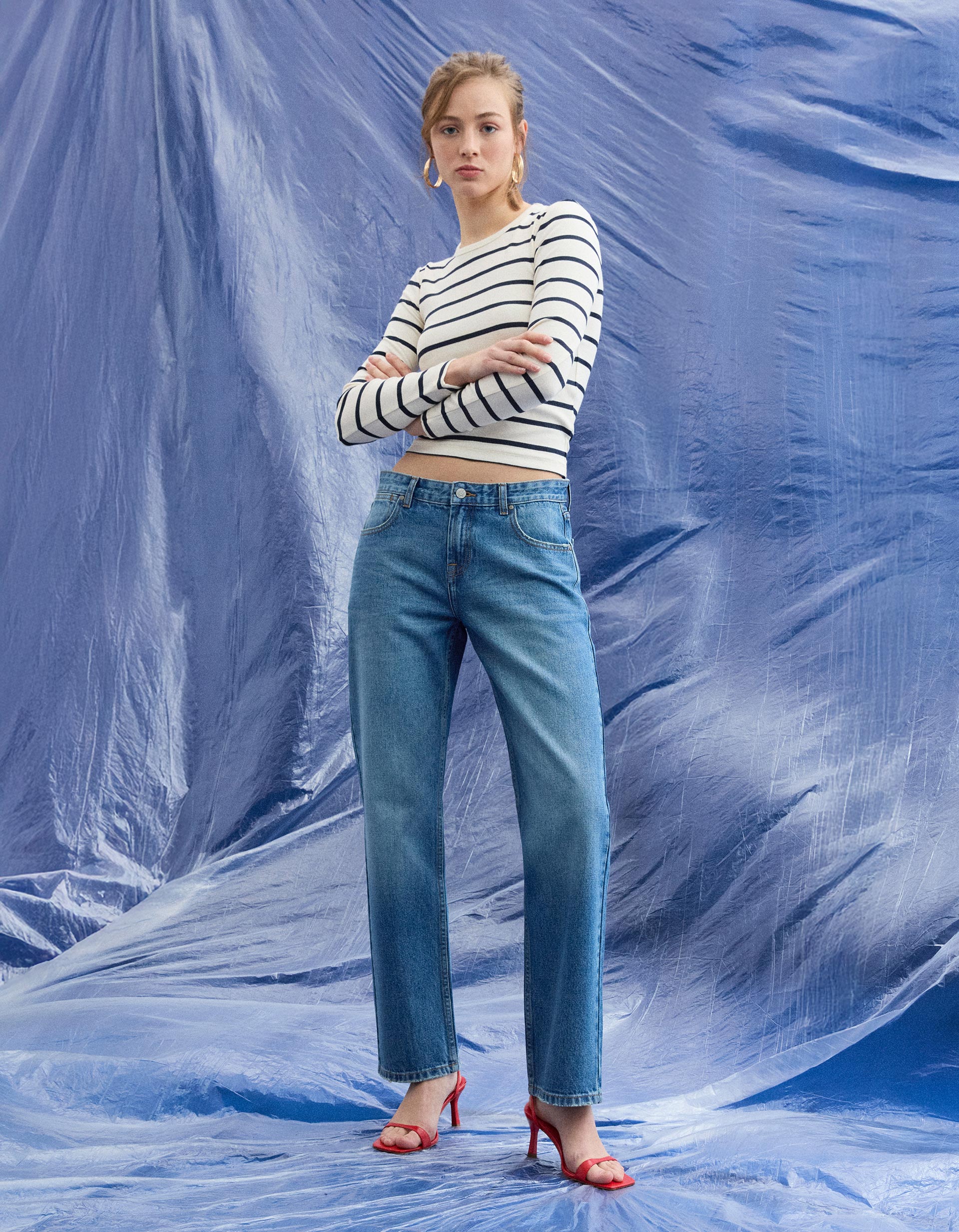 Calças de Ganga 'Straight Fit', Mulher, Azul