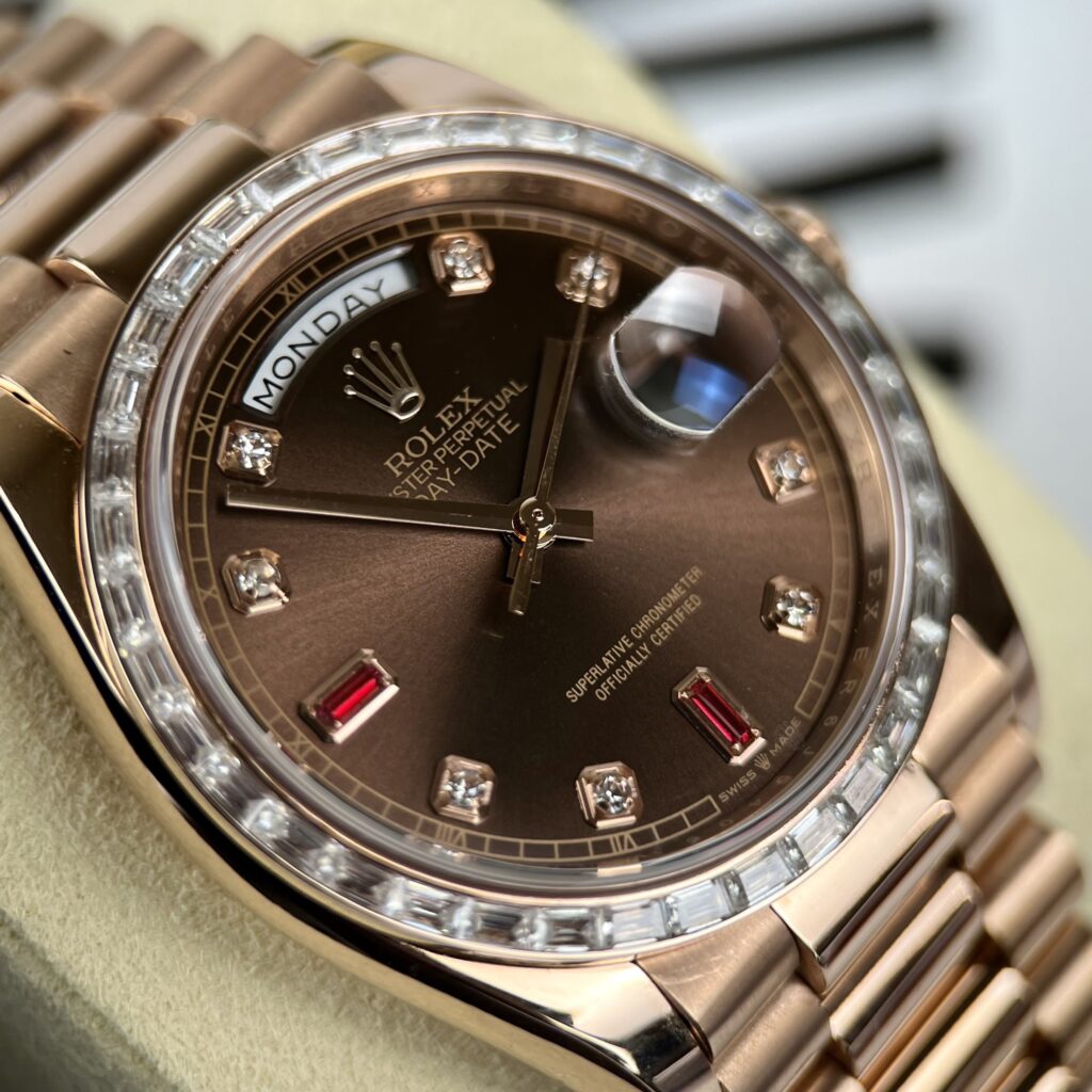 Rolex Day-Date RG Plated Chocolate Dial Baguette Diamond 36mm Super Clone
