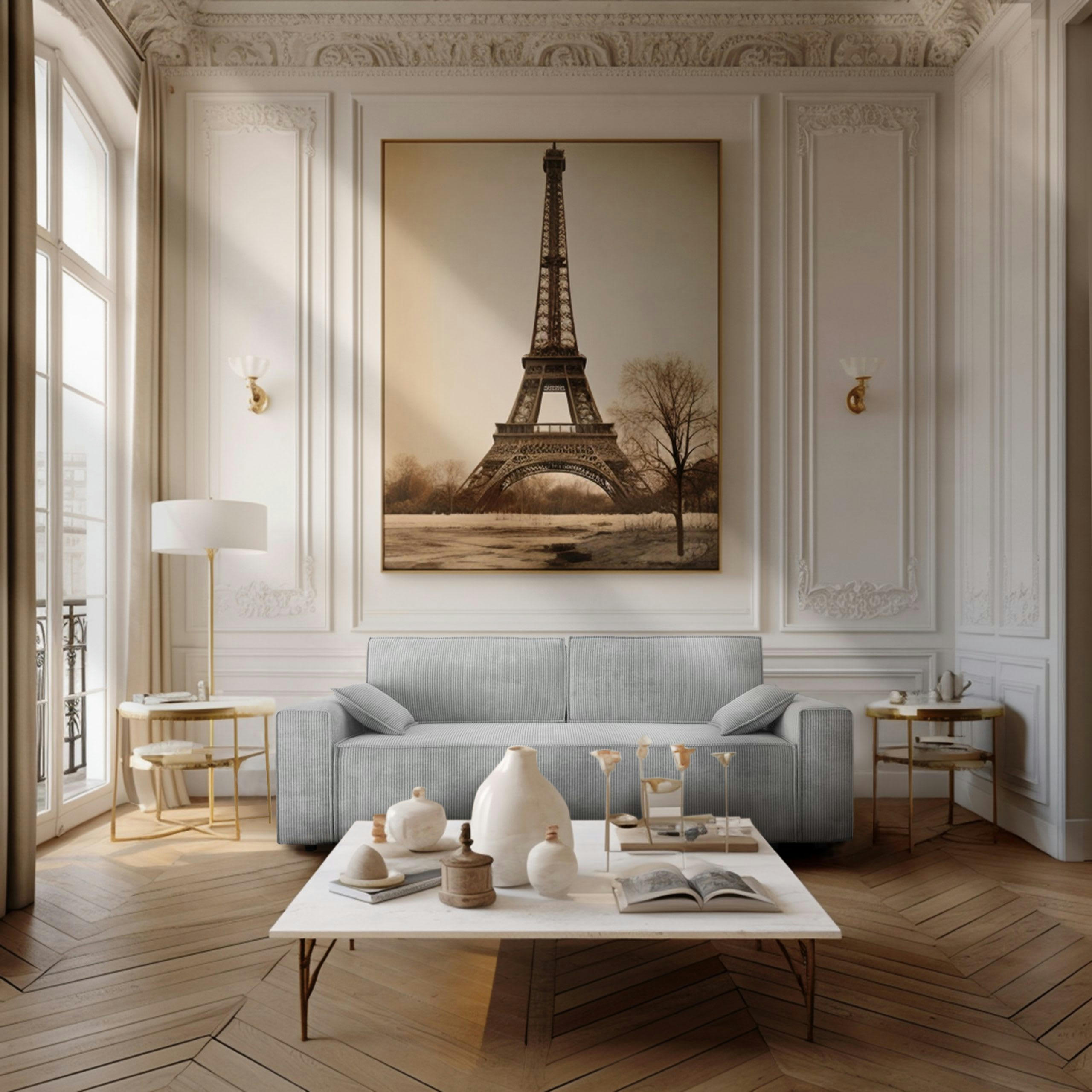 DURIF - Canapé droit convertible 3 places en velours côtelé gris clair