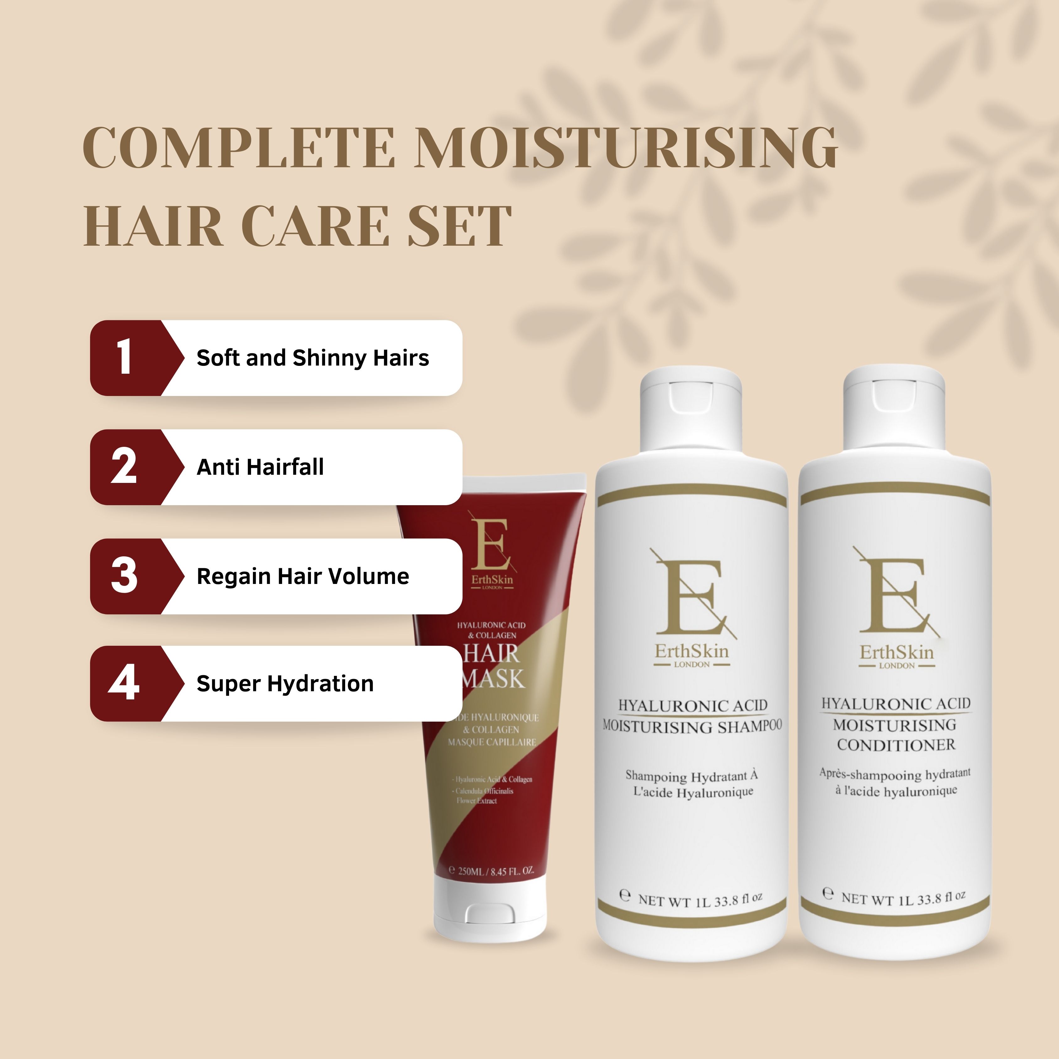 Erth Skin London Hyaluronic Acid Moisturising Shampoo 1L   Hyaluronic Acid Moisturising Conditioner 1L   Hair mask 250ML