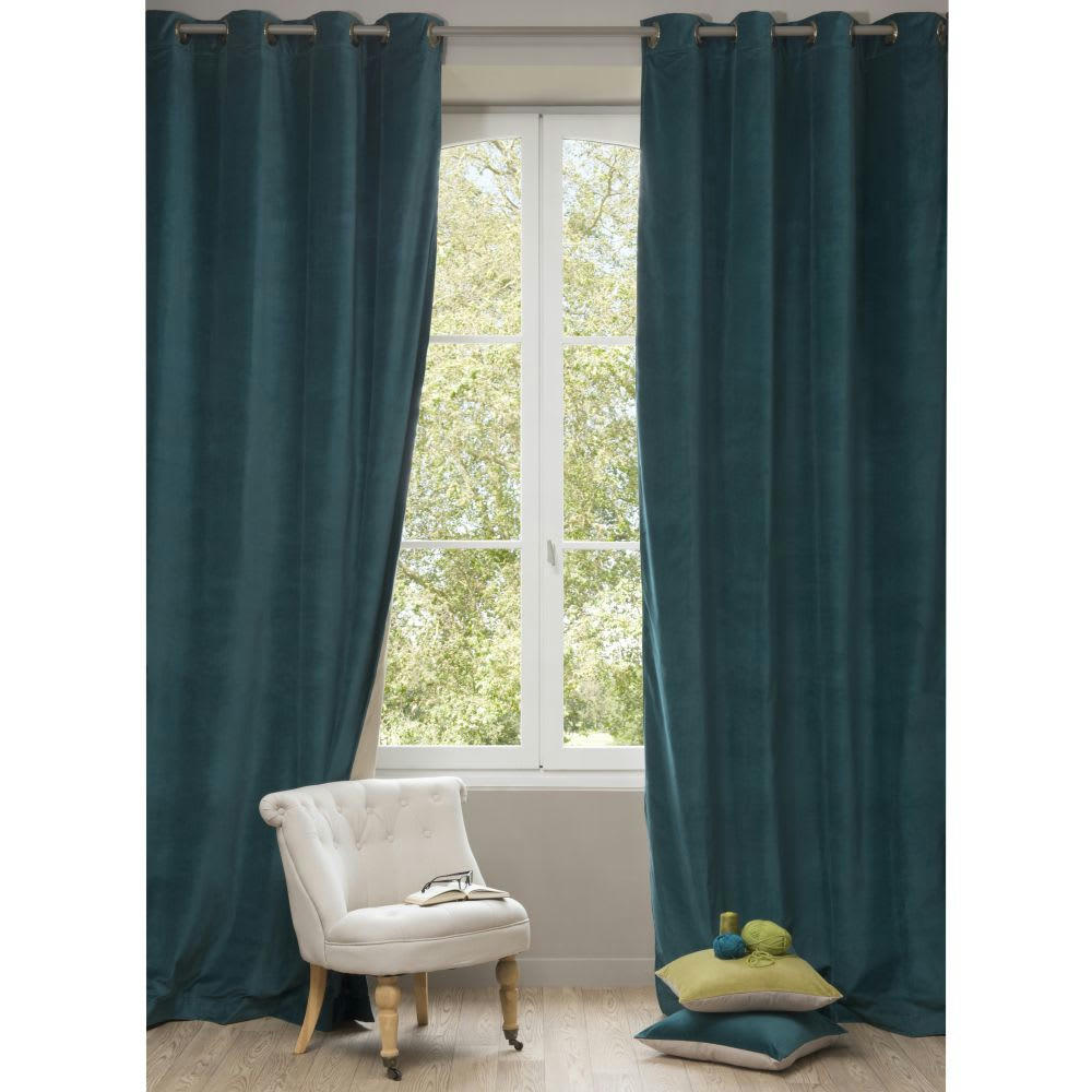 - Rideau à œillets en velours de coton bleu canard à l'unité 140x300