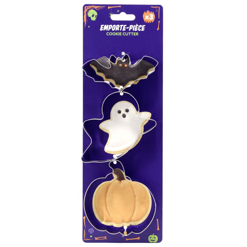 Emporte-pièces x3 chauve-souris fantôme et citrouille inox gris