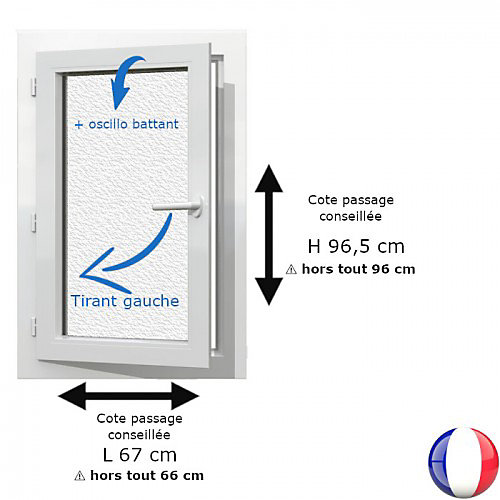 Fenêtre PVC blanc 1 vantail hors tout H 96 x L 66 cm oscillo battant verre brouillé pour pose rénovation - tirant gauche