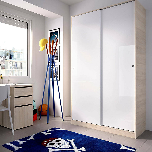 Garde-robe 2 portes Denali, Cintre pour chambre à coucher, Armoire à portes coulissantes, 120x50h204 cm, Blanc brillant et Chêne